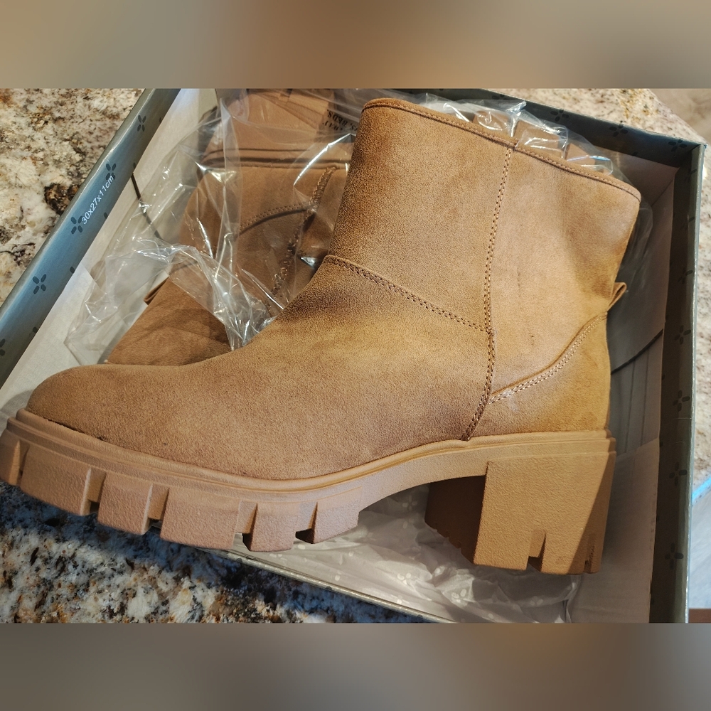Sun + Stone Tan Suade Chunky Heel Boots